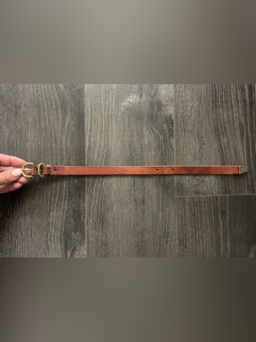 Vintage Brown Leather Skinny Belt Size S/M Minimalist Boho Western Brass Buckle